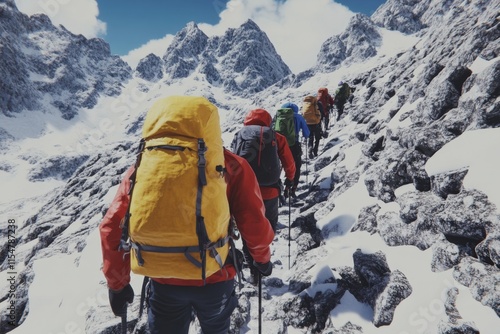 A 3D illustration of a group of hikers trekking along a realistic rocky trail, with individual gear, bright clothing, and shadows cast by the midday sun photo