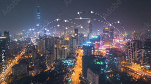 Wallpaper Mural Smart digital Innovation city with connection network reciprocity over the cityscape. of future smart wireless city and social media networking systems that connects business people with in city Torontodigital.ca