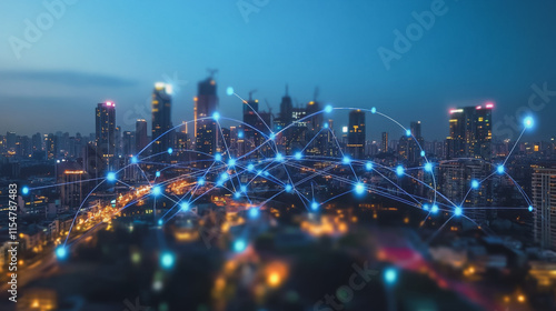 Wallpaper Mural Smart digital Innovation city with connection network reciprocity over the cityscape. of future smart wireless city and social media networking systems that connects business people with in city Torontodigital.ca