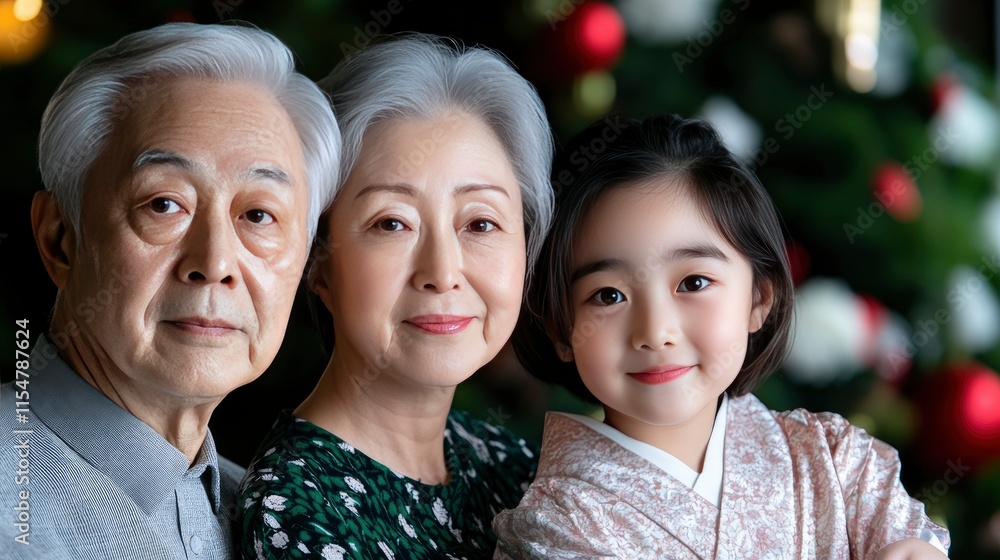 Fototapeta premium Multigenerational Japanese Family Portrait in Festive Setting