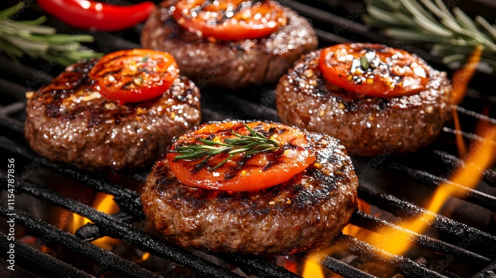 Juicy grilled beef burger meat patties sizzling on the barbecue with fire Juicy grilled beef burger meat patties sizzling on the barbecue with fire