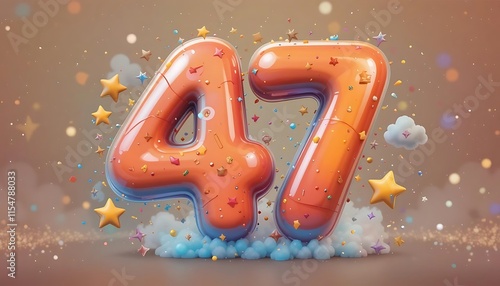 Orange Number Forty Seven Balloon Festive Design Colorful Stars Clouds Background photo