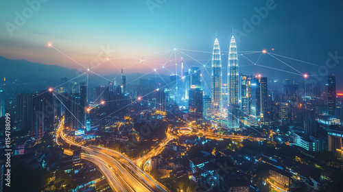 Smart digital Innovation city with connection network reciprocity over the cityscape. of future smart wireless city and social media networking systems that connects business people with in city