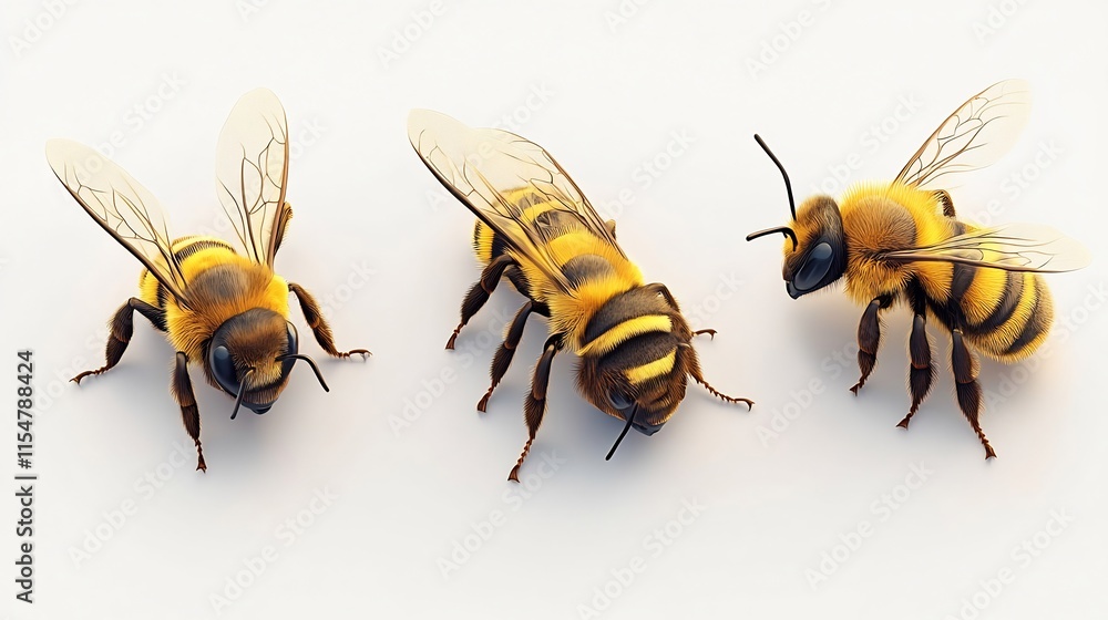 Three Realistic Honey Bees in Different Poses on White Background Three Realistic Honey Bees in Different Poses on White Background