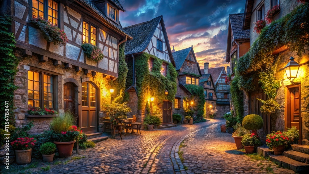 Naklejka premium Enchanting dusk paints a charming European village's cobblestone streets in night's embrace.