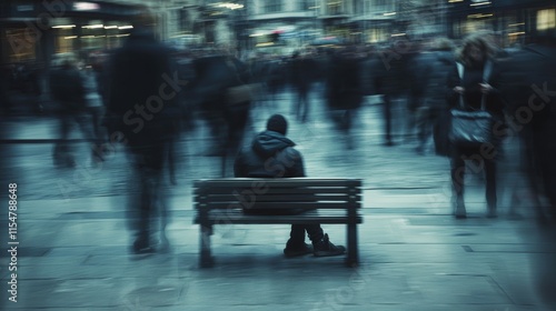 Solitude in the City: Despondent Figure Amidst Bustling Urban Crowd