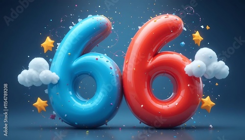 Colorful Balloon Number Sixty Six Festive Design Stars Clouds Background photo