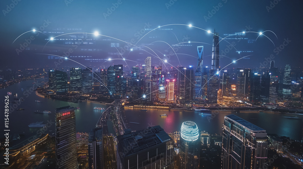 Smart digital Innovation city with connection network reciprocity over the cityscape. of future smart wireless city and social media networking systems that connects business people with in city Smart digital Innovation city with connection network reciprocity over the cityscape. of future smart wireless city and social media networking systems that connects business people with in city