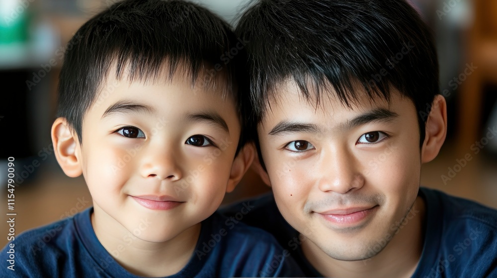 Happy Asian Brothers Smiling Together at Home Happy Asian Brothers Smiling Together at Home