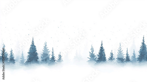 A breathtaking snowy watercolor landscape showcasing a serene forest blanketed in pristine white snow. Delicate brushstrokes depict tall, frosted pines and bare deciduous trees. The sky features a