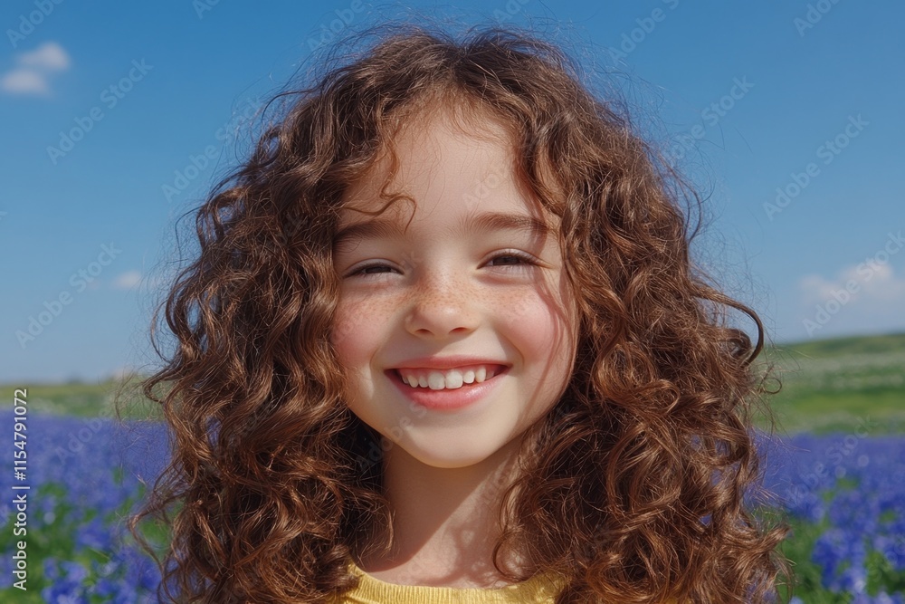 A child with wild, untamed curly hair smiling joyfully in a field of flowers on a sunny day A child with wild, untamed curly hair smiling joyfully in a field of flowers on a sunny day