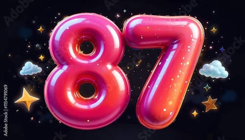 Shiny Pink Balloon Number Eighty Seven Night Sky Stars