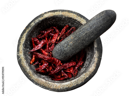 Dried red chilies in a stone mortar with pestle on transparent background