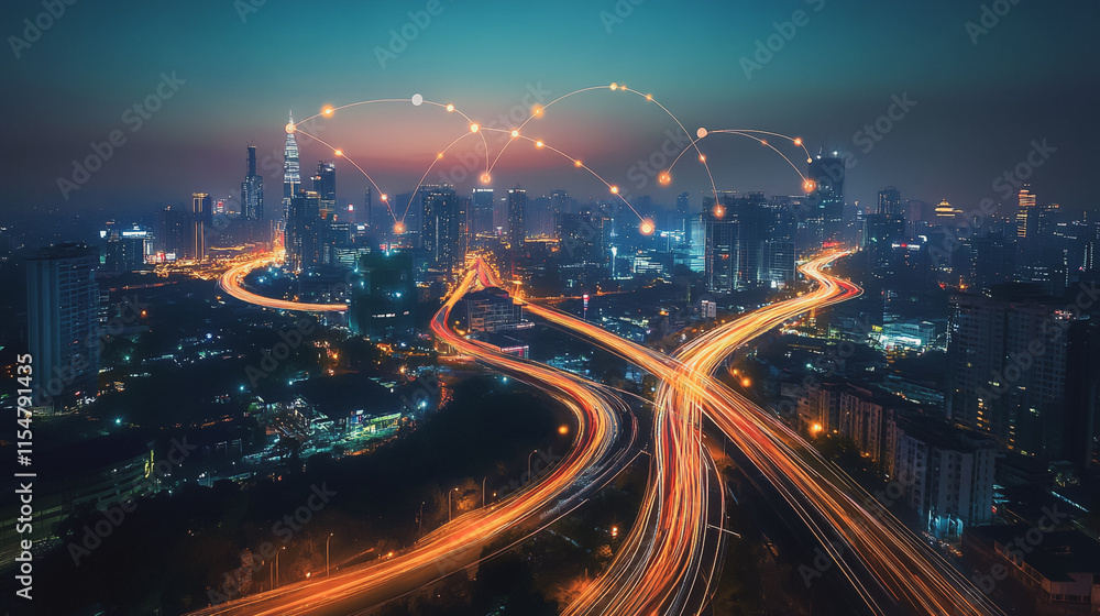 Fototapeta premium Smart digital Innovation city with connection network reciprocity over the cityscape. of future smart wireless city and social media networking systems that connects business people with in city