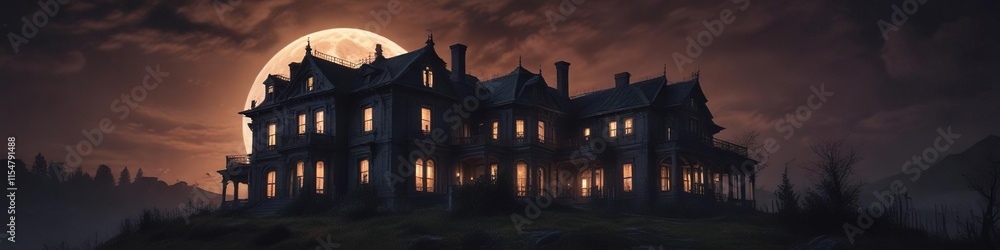 A spooky mansion on a hill with a full moon casting an eerie glow over its dark and abandoned facade, dark, facade A spooky mansion on a hill with a full moon casting an eerie glow over its dark and abandoned facade, dark, facade