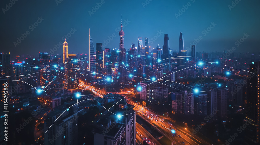 Fototapeta premium Smart digital Innovation city with connection network reciprocity over the cityscape. of future smart wireless city and social media networking systems that connects business people with in city