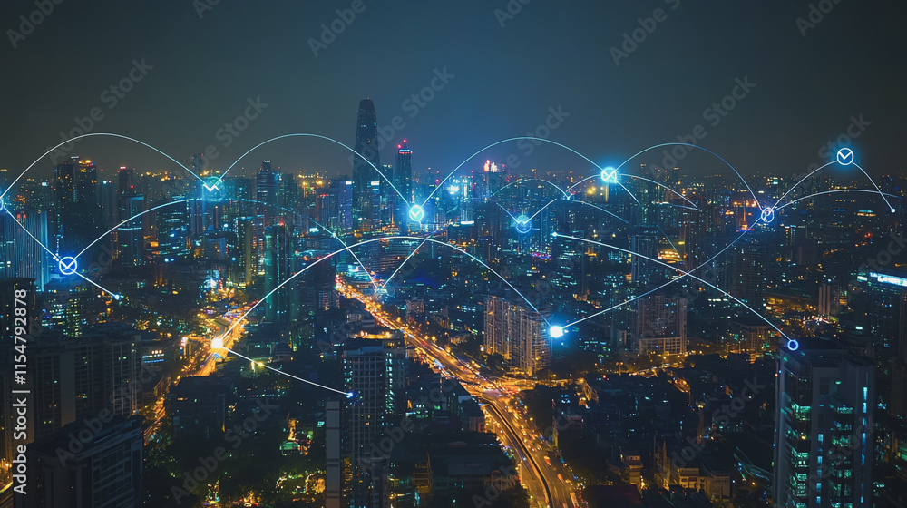 Obraz premium Smart digital Innovation city with connection network reciprocity over the cityscape. of future smart wireless city and social media networking systems that connects business people with in city
