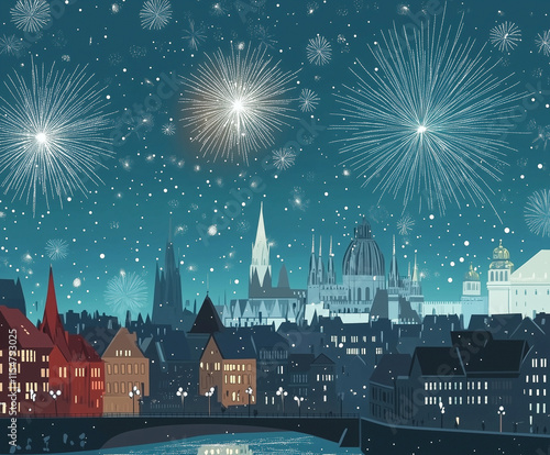 Illustration of Festive Eastern European Cityscape with Fireworks