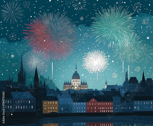 Illustration of Festive Eastern European Cityscape with Fireworks