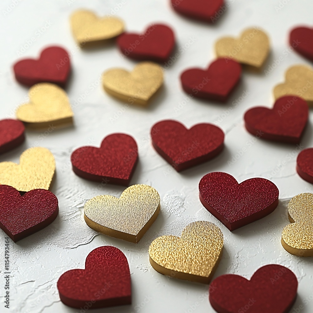 Fototapeta premium Scattered Gold and Red Heart Decorations on White Surface