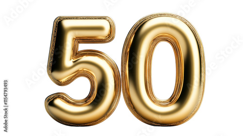 Shiny 3D Golden Number Fifty Isolated on a Transparent Background for Celebratory Design and Festive Decoration