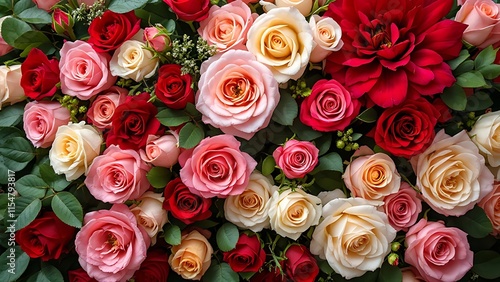 Natural fresh red roses flowers pattern wallpaper. top view, Red rose flower wall background.