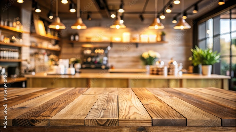 Rustic Wooden Tabletop with Blurred Background of a Cozy Cafe Featuring Warm Lighting and Shelving Rustic Wooden Tabletop with Blurred Background of a Cozy Cafe Featuring Warm Lighting and Shelving