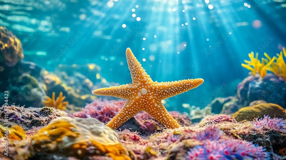 Starfish in a vibrant underwater scene. Concept of marine life and coral reef. Starfish in a vibrant underwater scene. Concept of marine life and coral reef.