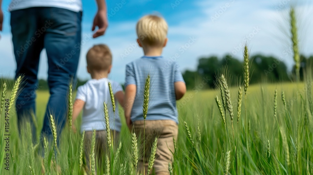 Father and Two Sons Walking Through a Wheat Field Father and Two Sons Walking Through a Wheat Field