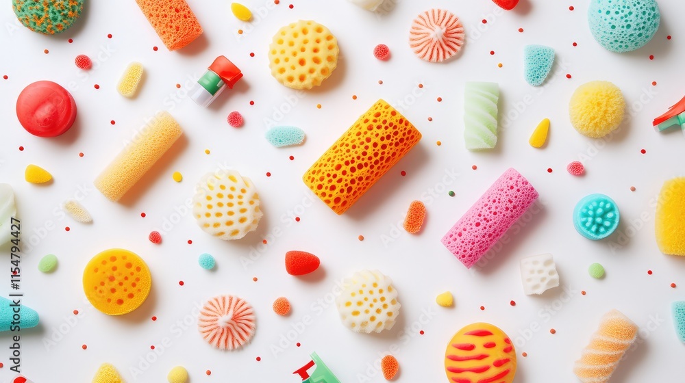 Colorful Sponges and Cleaners on White Background Creative Layout Colorful Sponges and Cleaners on White Background Creative Layout