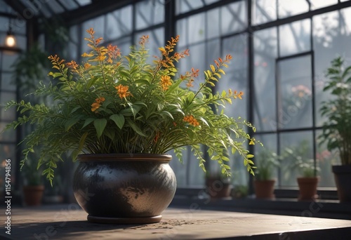 Cercestis mirabilis plant in a glasshouse pot with a delicate mist effect , texture, cercestis, nature photo