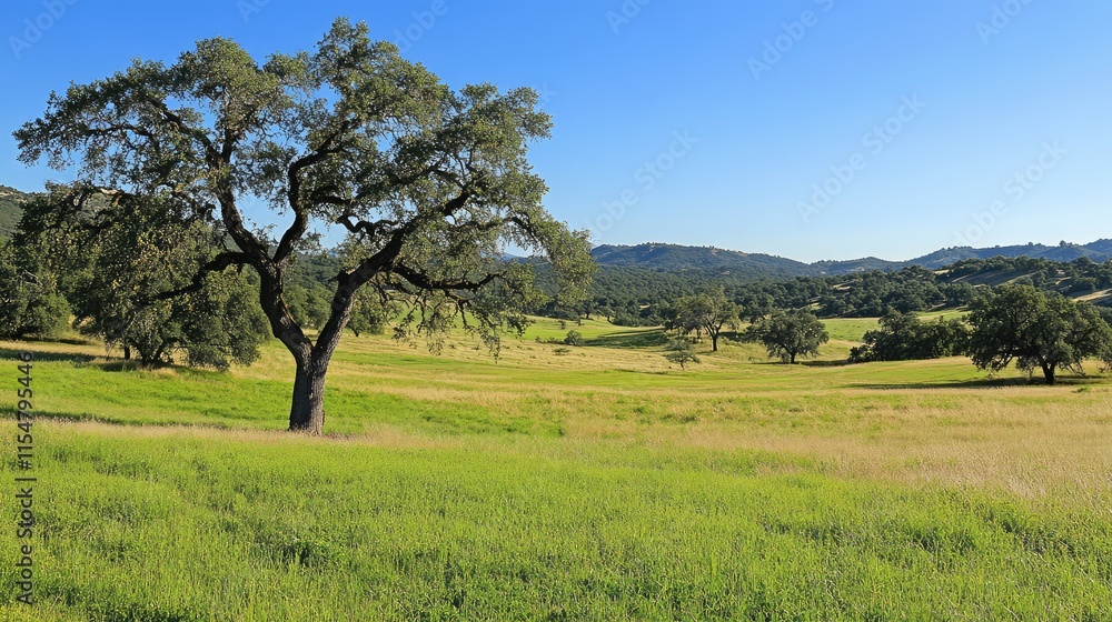 Lush Green Meadow Under Clear Blue Sky with Majestic Oak Tree Lush Green Meadow Under Clear Blue Sky with Majestic Oak Tree