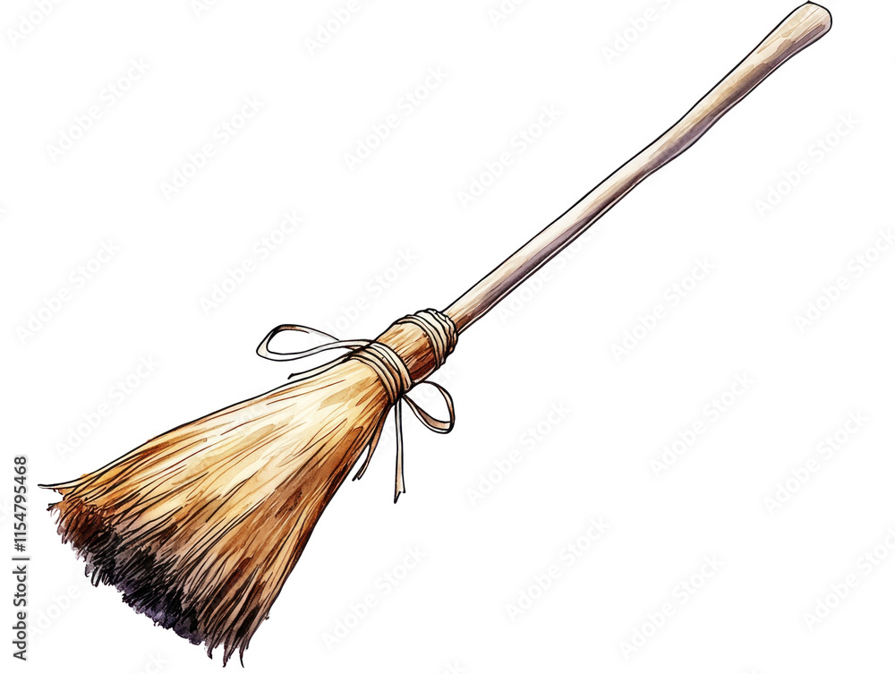 Wooden Broomstick with Natural Straw Bristles for Cleaning and Sweeping Tasks in a Rustic Setting Wooden Broomstick with Natural Straw Bristles for Cleaning and Sweeping Tasks in a Rustic Setting