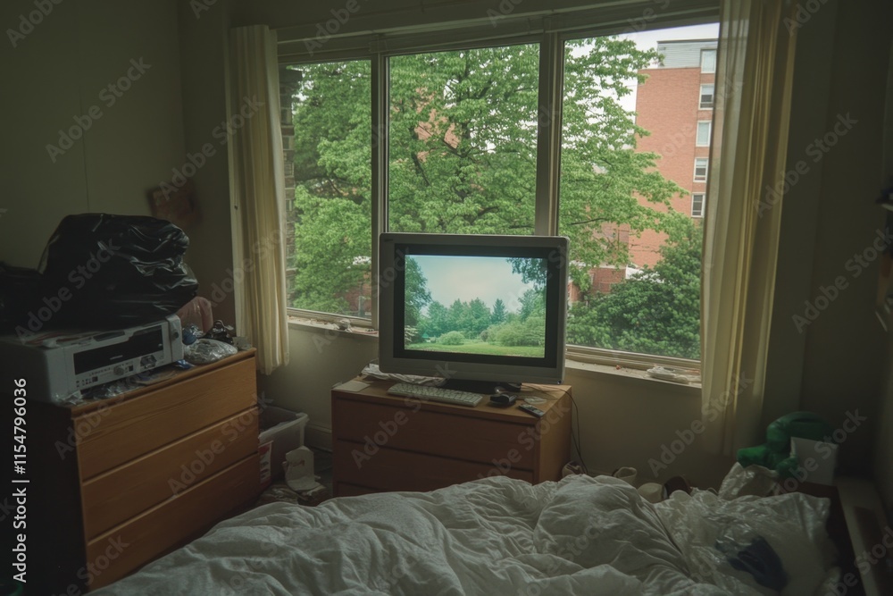 Fototapeta premium A cozy bedroom featuring an HD TV on a wooden dresser, playing a calming nature documentary with bright, clear visuals
