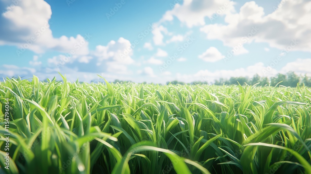 Fototapeta premium Lush Green Grass Field Under Bright Blue Sky with Fluffy Clouds