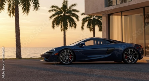 Luxury Sports Car Parked Near Oceanfront Home at Sunset