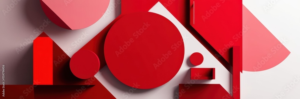 Obraz premium Abstract geometric composition, red and white shapes, minimalist interior design, bold contrast, circular forms, rectangular elements, architectural space, clean lines, modernist aesthetic, 3D renderi