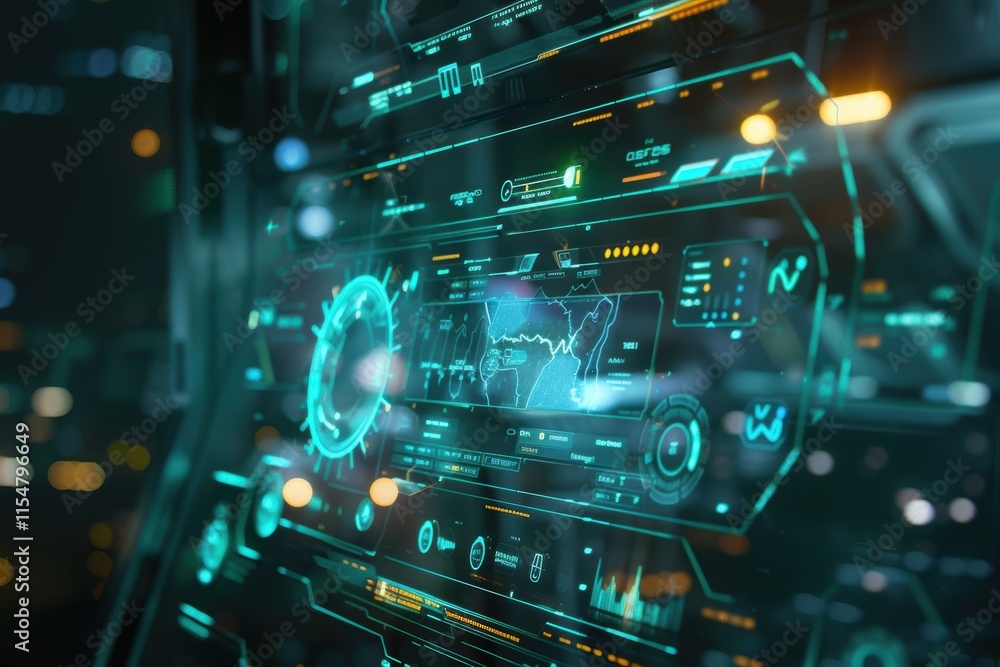Naklejka premium Futuristic Holographic Interface for Solo Trivia Game with Glowing Animations