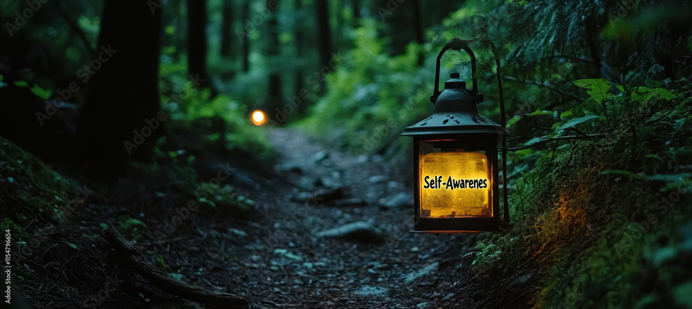 Naklejka premium Self Awareness Lantern Lighting Path Through Dense Forest Trail Toward Serene Clearing