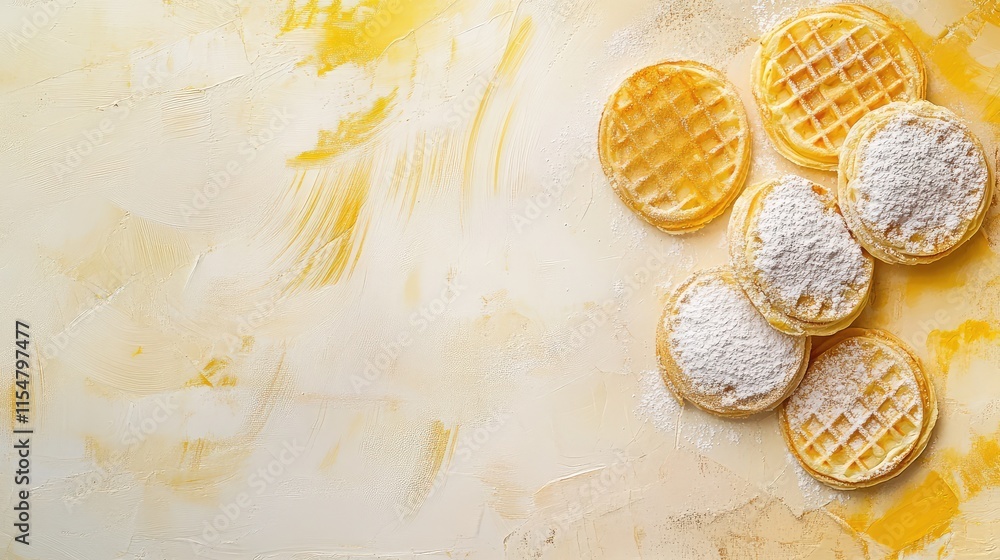 Freshly Made Waffles with Powdered Sugar on a Bright Background Freshly Made Waffles with Powdered Sugar on a Bright Background