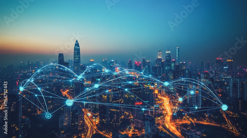 Smart digital Innovation city with connection network reciprocity over the cityscape. of future smart wireless city and social media networking systems that connects business people with in city