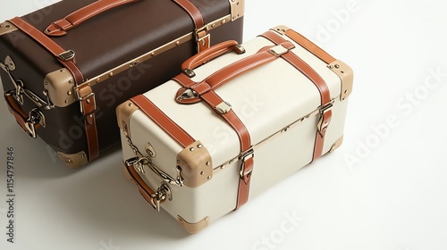 A detailed image of vintage-style luggage on a clean white background.--ar 16:9 photo