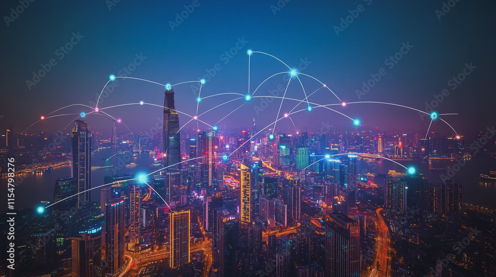 Fototapeta premium Smart digital Innovation city with connection network reciprocity over the cityscape. of future smart wireless city and social media networking systems that connects business people with in city