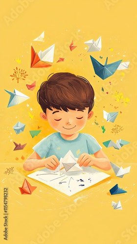 Young Boy Creates Paper Boats Imagination Soars photo