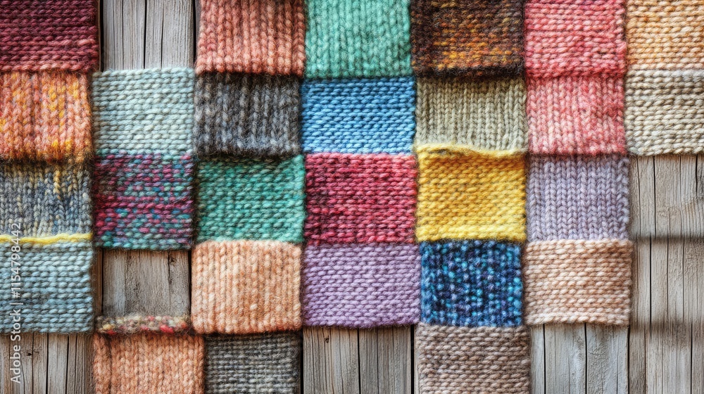 Colorful knitted fabric swatches on wooden background display Colorful knitted fabric swatches on wooden background display