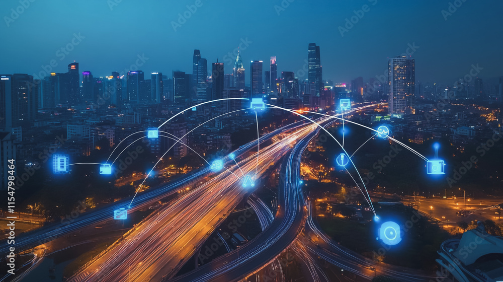 Obraz premium Smart digital Innovation city with connection network reciprocity over the cityscape. of future smart wireless city and social media networking systems that connects business people with in city
