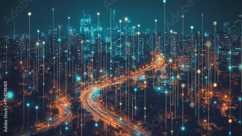 Wallpaper Mural Smart digital Innovation city with connection network reciprocity over the cityscape. of future smart wireless city and social media networking systems that connects business people with in city Torontodigital.ca