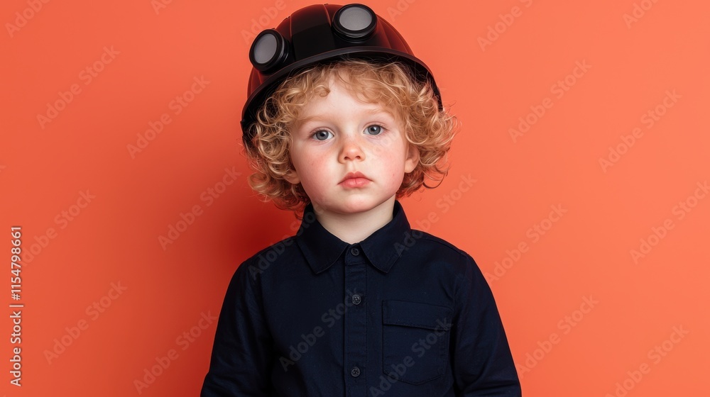 Young Boy with Curly Hair Wearing Black Helmet Against Orange Wall Young Boy with Curly Hair Wearing Black Helmet Against Orange Wall