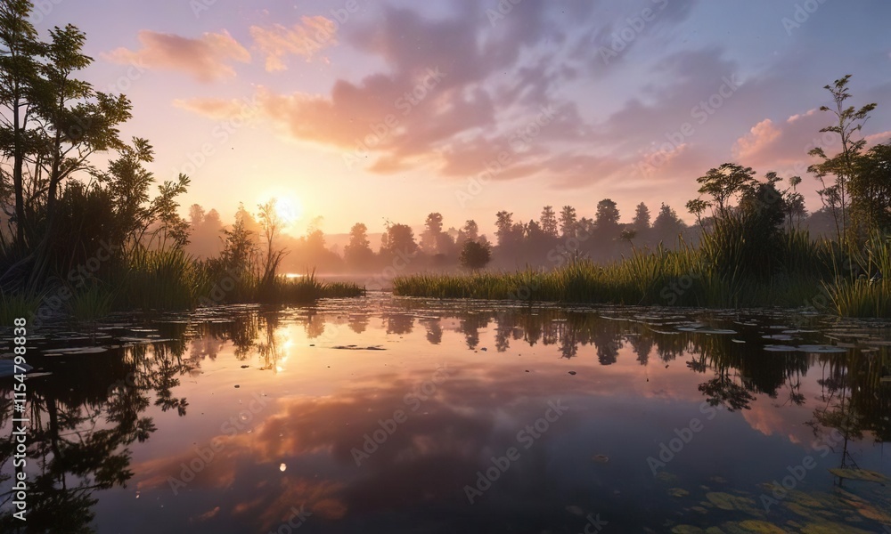 Fototapeta premium Droplets suspended in mid-air above a serene pond at dawn, soft, reflection