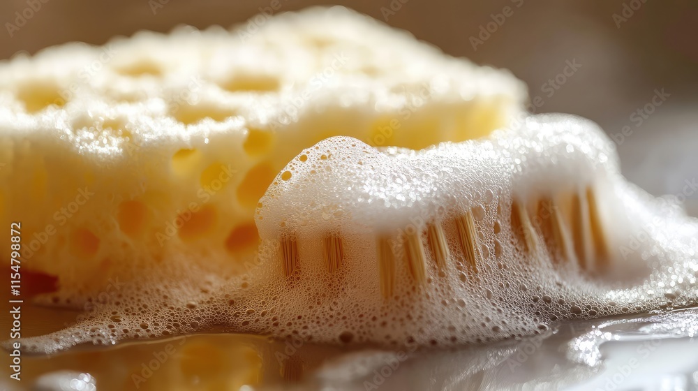 Close-Up of Yellow Sponge with Bubbles on a Soft Surface Close-Up of Yellow Sponge with Bubbles on a Soft Surface
